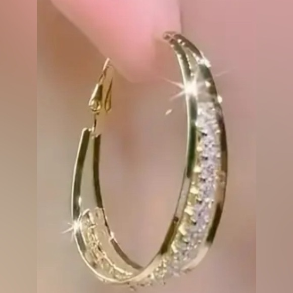 Rhinestone Decor Silvertone 1.5”  Hoop Earrings, New - Picture 2 of 4